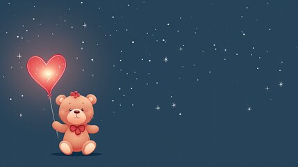 teddy bear sitting with a heart-shaped balloon, dark blue background, banner, copy space