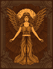 Illustration hand drawn. Vintage female angel with engraving ornament frame