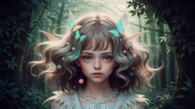 portrait of forest freckled fairy in magical fairy-tale woodland with butterflies in her hair.