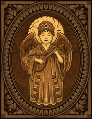 Fototapeta na wymiar Illustration hand drawn. Vintage angel playing guitar with engraving ornament frame