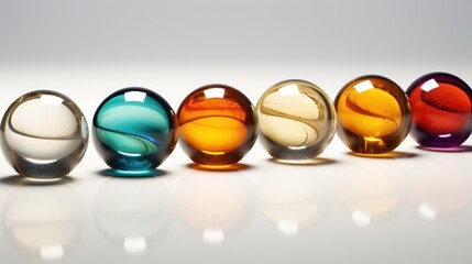 a row of glass marbles sitting on top of a white counter top in front of a white wall with a reflection of the glass marbles in the middle of the row.