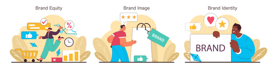 Brand Positioning set. Exploring brand equity, image, and identity concepts. Visualizing value, perception, and heart of branding strategies. Flat vector illustration