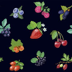 Berries seamless pattern on black background, sweet ripe berries and flowers and leaves. Vector