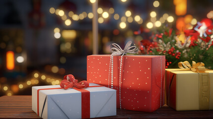 Joyful Gifts and Gleaming Lights Close-Up Christmas Photo - Festive Warmth - Created using Generative AI