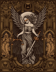 Illustration hand drawn. Vintage justice angel with engraving ornament frame. Vector design - obrazy, fototapety, plakaty