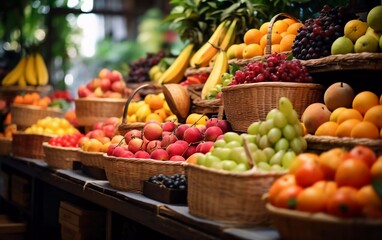 Fototapeta na wymiar Realistic photo of fruits on market shelves, fruits in basket. generative ai