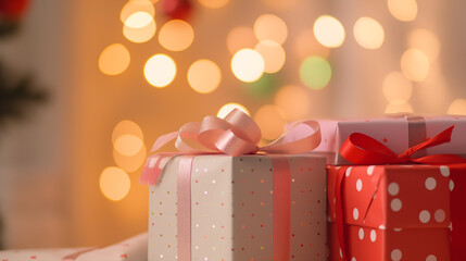 Festive Elegance Close-Up of Christmas Gifts and Lights - Holiday Joy Captured - Created using Generative AI