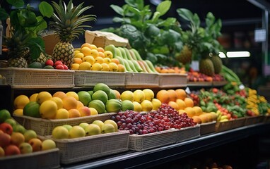 Fototapeta na wymiar Realistic photo of fruits on market shelves, fruits in basket. generative ai