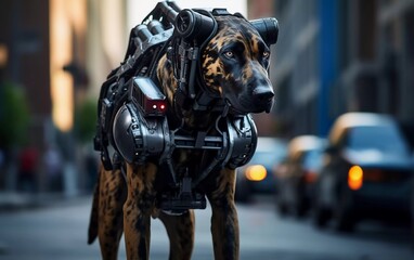 Realistic photo of robot police dog in city, bloodhound robot. generative ai - obrazy, fototapety, plakaty