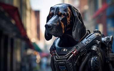 Realistic photo of robot police dog in city, bloodhound robot. generative ai