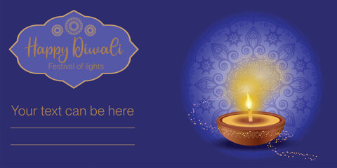 Naklejka premium Happy Diwali ( Festival of lights) vector illustration with mandala circle design and oil diya. Banner, flyer, greeting card, poster