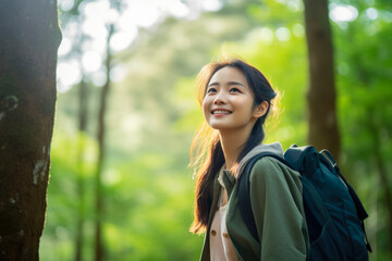 Young asian woman with backpack hiking in the forest. Travel and adventure concept.