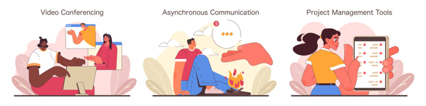 Digital Teamwork set. Multitaskers in video conferencing, engaging in asynchronous communication, utilizing project management tools. Collaboration in a virtual workspace. Flat vector illustration