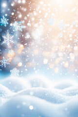 Winter blurred texture with snow and bokeh. Christmas background with color mixing sparkling gold confetti.