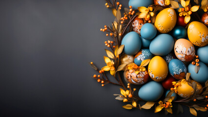 Easter web banner with yellow and blue eggs and yellow spring flowers on a dark background top view, copyspace for text