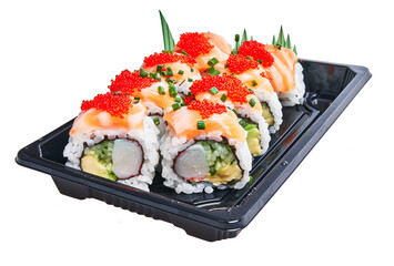  Delivery tray of delicious salmon uramaki rolls over isolated white background