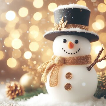 snowman clipart with bokeh in gold and blue in the background
