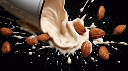 Almond milk pouring from a bottle into a cup with almonds on a black background. Vegan Food Concept. Healthy Food. - obrazy, fototapety, plakaty