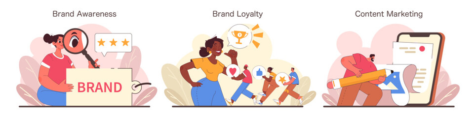 Marketing strategy set exploring brand awareness, loyalty, and content creation. Dynamic characters engage with branding elements and digital marketing tools. Flat vector illustration