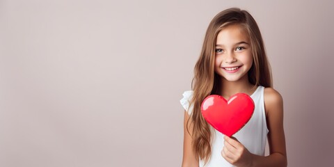 Happy beautiful girl holding heart on a stick against a studio background, concept of Joyful expression