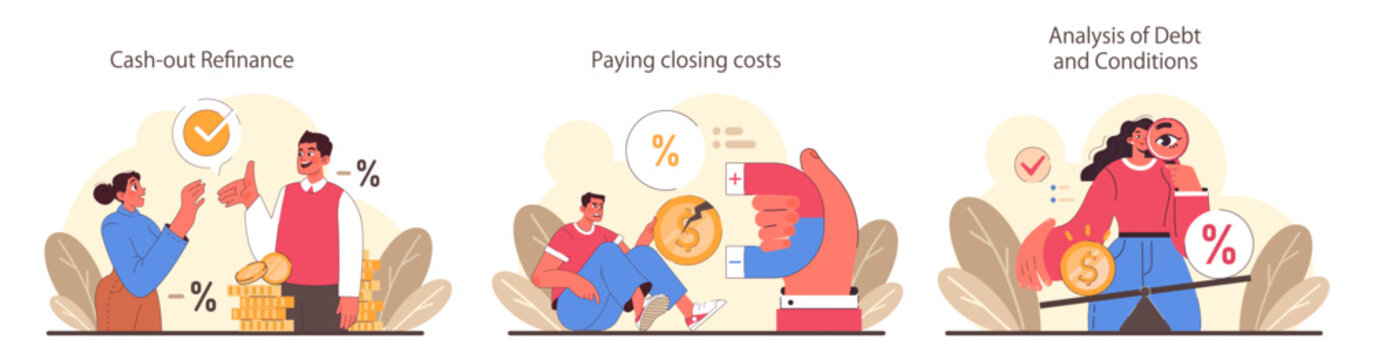 Refinance process set. Loan rate reduction to lender agreements. Debt obligation with better interest rate. Housing loan, real estate mortgage. Flat vector illustration
