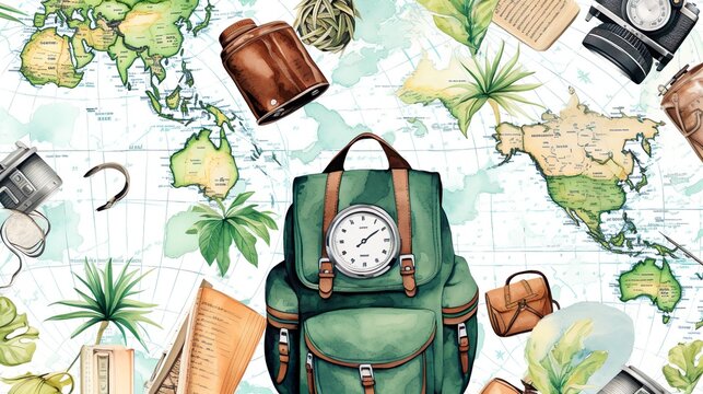 watercolor travel accessories seamless pattern on white background. Office tools, globe, alarm clock, scissors . For fabric, textile, wrapping, scrapbook.