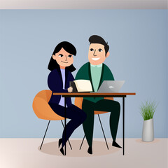 Immerse your designs in spirit of teamwork and collaboration with illustrative portrayal of girl, boy working harmoniously together on laptop. Whether for educational campaigns, team-building visuals.