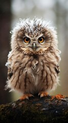  a close up of a small owl on a tree branch with snow flakes on it's head and an orange - eyed, yellow - eyed, yellow - eyed, yellow - eyed, yellow - eyed, black - eyed owl.