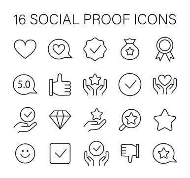 Social Proof concept icons set. Trust-building icons for credibility and reputation. Customer satisfaction, quality assurance, and positive feedback symbols. Flat vector illustration.