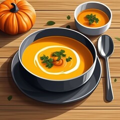 pumpkin cream soup. food. table decorated with pumpkins.