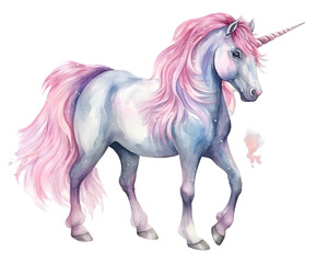 Pink handdrawn unicorn watercolor illustration isolated on transparent background