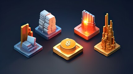 3D set of commercial or business icons. Achieving goals, saving money, economy, managing financial income, investment, trading market concept. 3d render illustration.