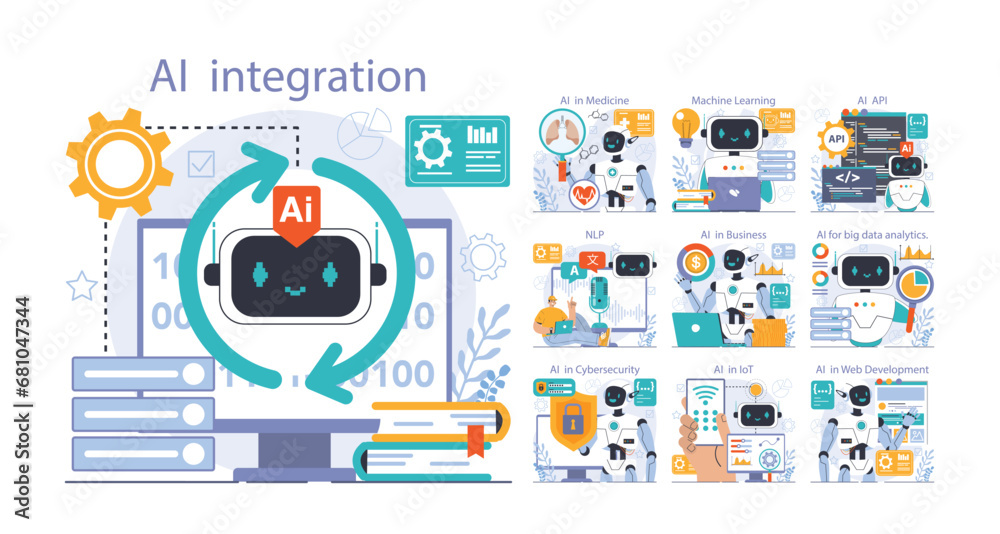Poster ai integration set. artificial intelligence and human synergy. neural network assistance and robotiz