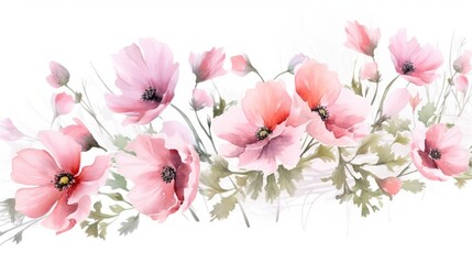 Naklejka na ściany i meble Abstract illustration of large, pink flowers in watercolor technique on white background. Print for printing