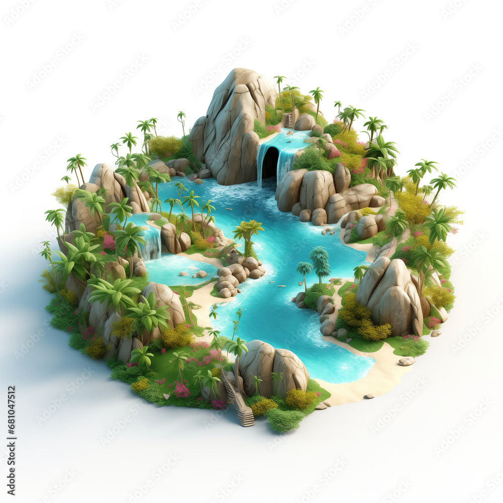 Wall mural Tropical paradise island. Isometric diorama isolated on white background