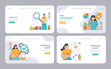 Audit set. Professionals evaluating financial records. Internal and external assessment, compliance checks. Forensic scrutiny, risk analysis. Financial statement reviews. Flat vector illustration
