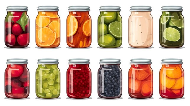 illustration of shiny glass jars with metal lids filled with assorted colorful food items