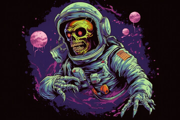 A zombie astronaut with Brains in Space professional t-shirt design Halloween theme AI Generated