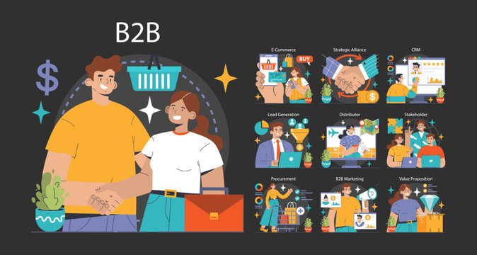 B2B ommerce dark or night mode set. Professionals engaging in online shopping, strategic alliances, CRM, and lead generation. Value proposition, stakeholder interactions. Flat vector illustration