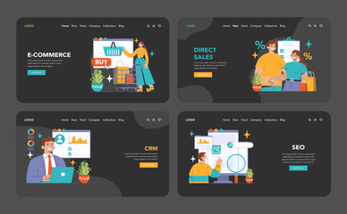 B2C dark or night mode web or landing set. Digital shopping, browsing and purchase. E-commerce, engaging CRM, customer experience. Loyalty reward, effective SEO strategies. Flat vector illustration