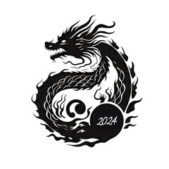 Ornate Dragon, Chinese Draco Tattoo, Minimal Fantasy Dragon Isolated, New Year 2024 Symbol