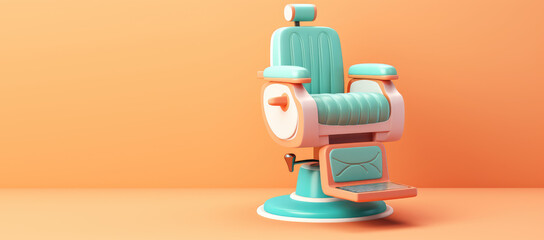 Cute barber chair in cartoon 3d render illustration style on flat pastel background with copy space. Creative children hair salon banner template.