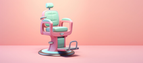 Cute barber chair in cartoon 3d render illustration style on flat pastel background with copy space. Creative children hair salon banner template.