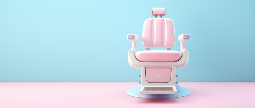 Cute barber chair in cartoon 3d render illustration style on flat pastel blue background with copy space. Creative children hair salon banner template.
