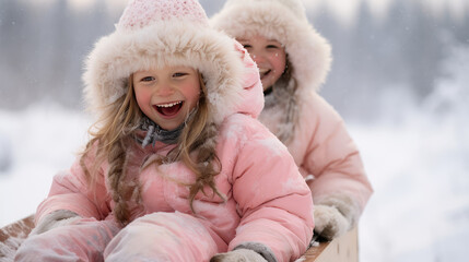 Happy cute children sledding in snowy winter weather. Sunny December day, group of kids playing in snow, Christmas outdoor fun. Winter fashion warm clothes.