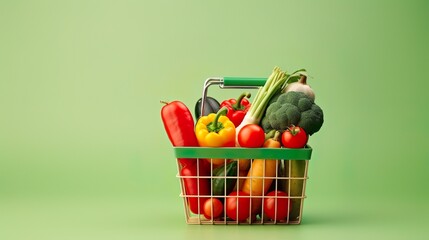 Shopping basket with fresh food and smartphone. Grocery supermarket, food and eats online buying and delivery concept.