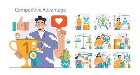 Competitive advantage set. Advertising and marketing business strategy. Brand recognition and market niche definition. Flat vector illustration