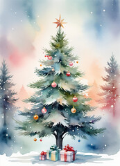 Fototapeta na wymiar Watercolor Christmas tree fluyer or greetings card background