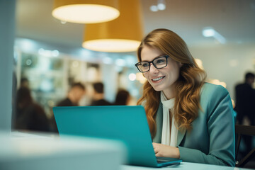 Smiling woman uses laptop at the cafe, close-up portrait