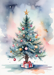 Watercolor Christmas tree fluyer or greetings card background